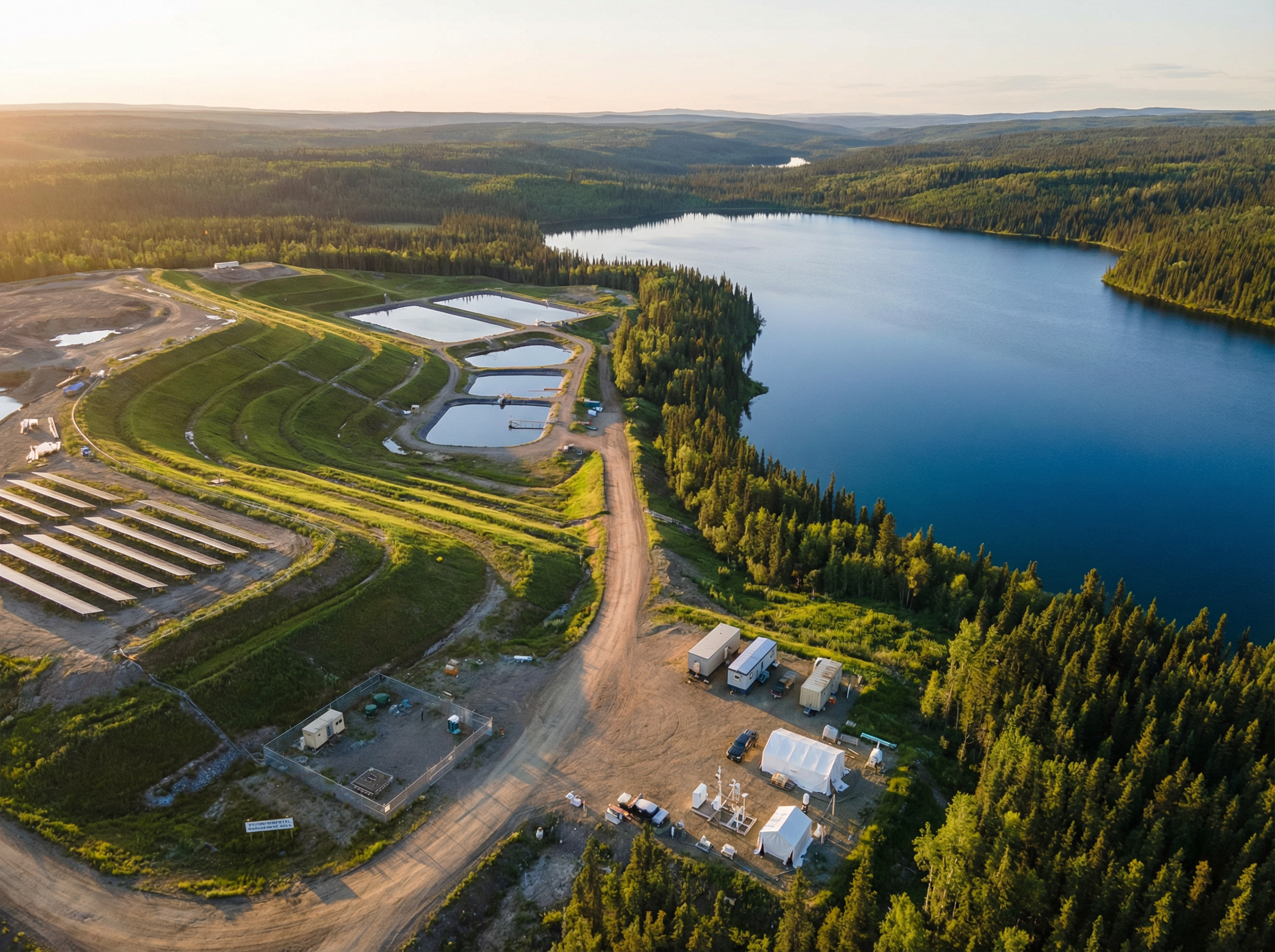 Aerial view of an environmental remediation site adjacent to a pristine northern lake, surrounded by boreal forest