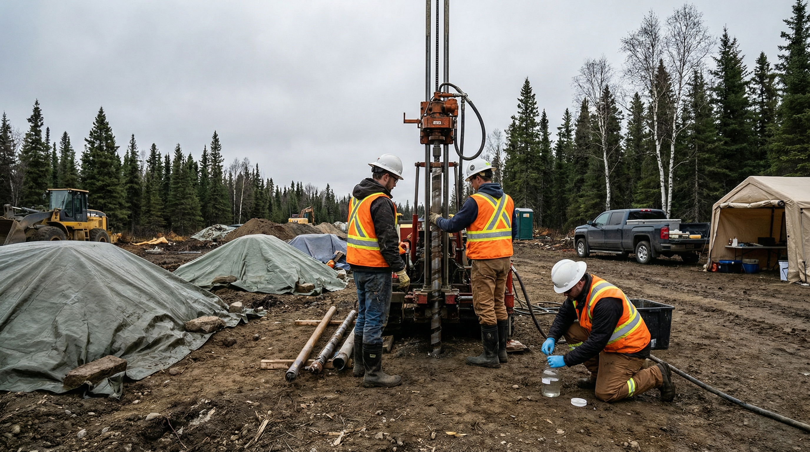 Environmental engineers conducting soil sampling at a northern remediation site with boreal forest in the background