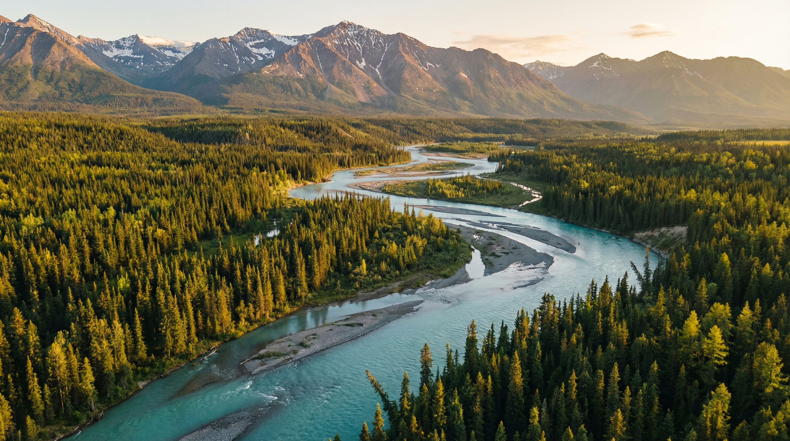 Aerial view of a glacial river winding through boreal forest with mountains in the distance, Yukon Territory